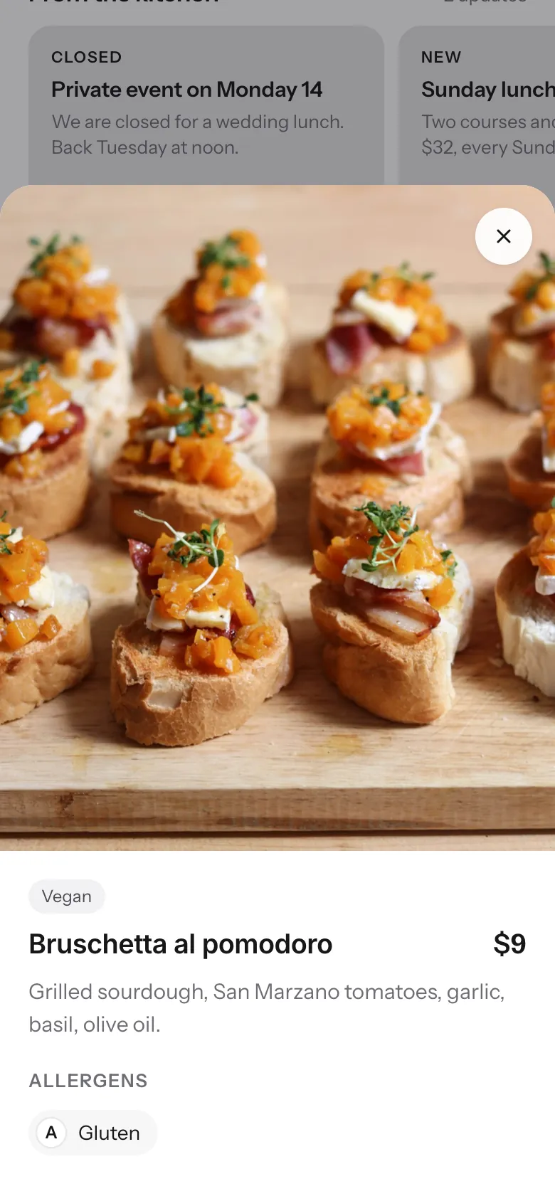 A dish opened on the Demo Restaurant page: photo, price, description and allergens