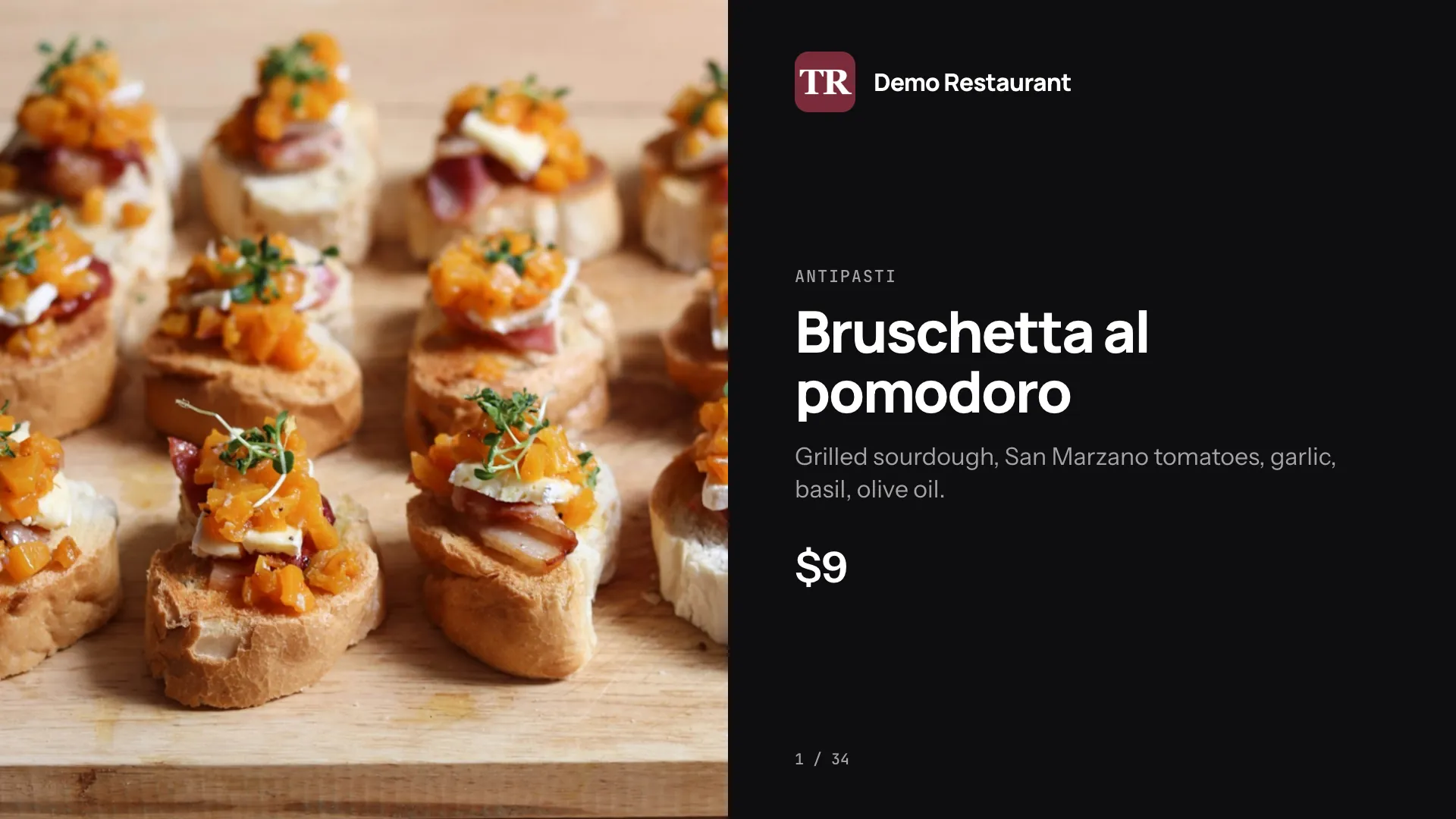 The Demo Restaurant menu on a TV in the Photo slideshow design